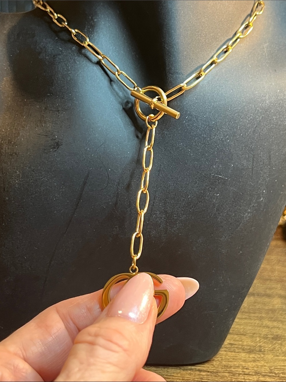 Gold-Tone Link Lariat Necklace with Pendant- Upcycled Fashion Inspired